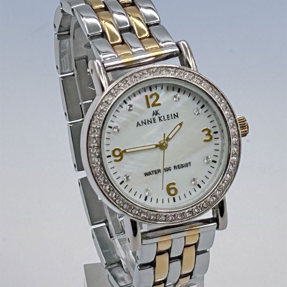 ANNE KLEIN Women's Pave Crystal Bezel MOP Dial Two-Tone Bracelet Watch